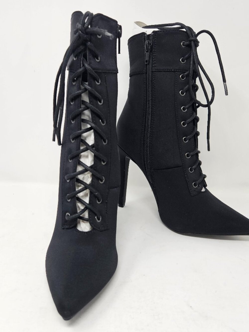 Olivia Jaymes Black Lace Up Pointed Toe Ankle Booties Stiletto High Heel 5.5